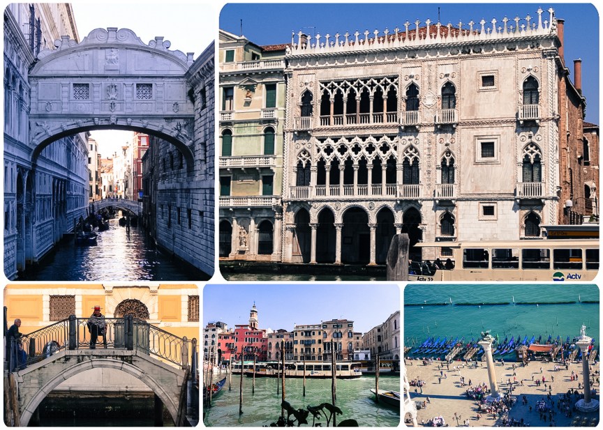 The Bridge of Sighs; Ca d'Oro; gondolier; Grand Canal; view from the bell tower