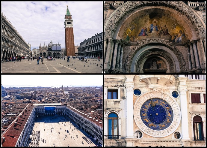 St. Mark's Cathedral is dwarfed by its bell tower; to the right of it is a deteiled look at the cathedral's artwork; below is the spacious St. Mark's Square and the city of Venice; Torre dell'Orologio (clock tower) displays the Zodiac and phase of the moon and chimes every hour