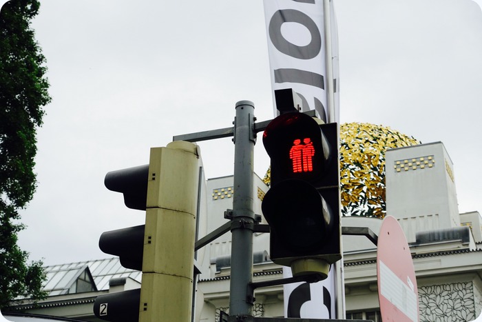 I loved the stoplights in Vienna: they showed 2 people hand in hand either walking or standing together.